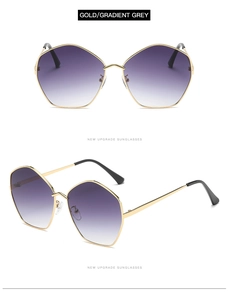Close-up of gold metal polygon sunglasses with gradient grey lenses in multiple angles