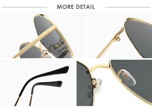 Macro views of gold metal hinges, silicone nose pads, and black temple tips of sunglasses