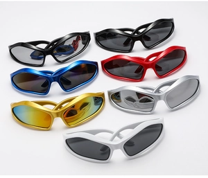 Detailed overhead view of Y2K wraparound sports sunglasses in seven different colors