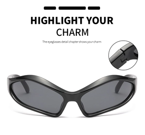 Detail of Y2K wrap-around sunglasses with high-quality metal hinges and sleek finish