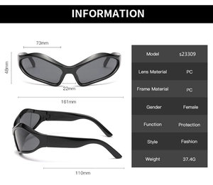 Detailed size chart of Y2K wraparound sunglasses showing frame width and lens dimensions