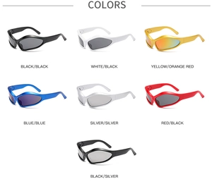 Detailed grid showing seven trendy Y2K wrap-around sports sunglasses in various color options