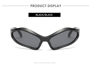 Front view of Y2K wrap-around sporty sunglasses in sleek black futuristic design