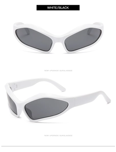 Detail view of white Y2K wraparound sports sunglasses with dark grey lenses