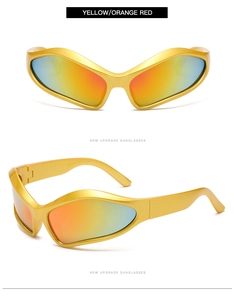 Front and profile views of Y2K wraparound sunglasses with orange gradient lenses