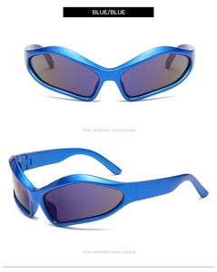 Detail of blue Y2K wraparound sunglasses showing ergonomic curved frame and side view