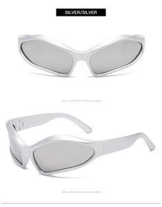 Front and side view of silver Y2K sporty sunglasses with sleek matte metallic frames