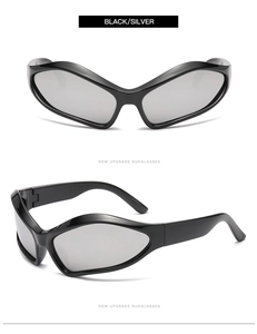 Detailed view showing Y2K wave frame sunglasses with silver mirrored lenses and black finish