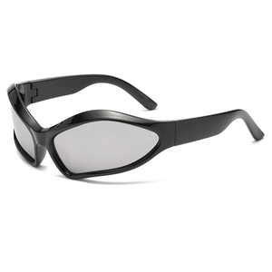 Y2K sporty black wrap around sunglasses with futuristic curved frame and grey lenses