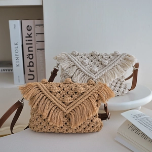 Handmade Cotton Cord Woven Crossbody Bag Women Bohemian Fringe Tassel V Flap Vacation Beach Summer Shoulder Bag