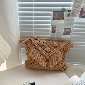 Bohemian khaki macrame woven crossbody bag with tassel fringe and handmade texture