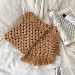 Handmade caramel cotton rope crossbody bag with fringe tassel and bohemian woven texture