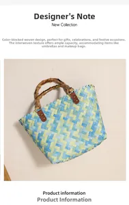 Detail of multi-color woven handbag with bamboo handles and large capacity storage