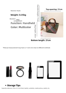Detailed size chart of handmade colorful woven tote bag with bamboo handle and dimensions