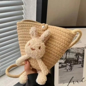 Sac Bandoulière Tissé Mignon Sac Seau Décor Lapin En Peluche Bouton Künstliche Perle Fait Main Pour Filles Femmes