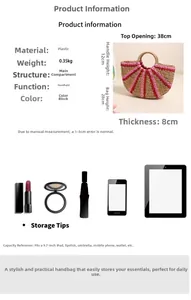 Detailed specs of striped straw handbag with dimensions 38x28x8cm and storage tips