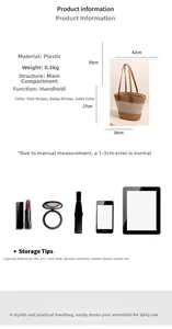 Detailed size specifications for large straw beach bag with 42cm width and 30cm handle height