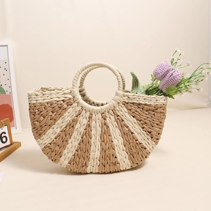 Woven Handbag Paper Straw Half Moon Semicircle Striped Summer Vacation Beach Bag Bohemian Style With Round Handles