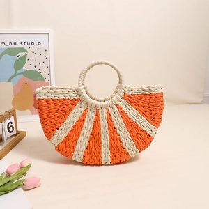 Handmade semicircular straw woven handbag with orange stripes and round handles