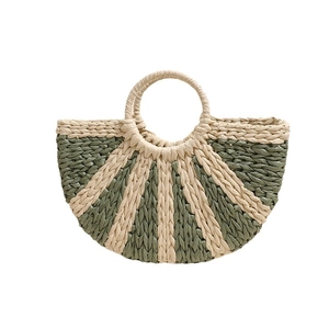 Semicircle straw woven handbag with green stripes and round handles for summer beach beach