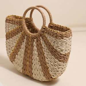 Minimalist striped straw handbag in semicircular shape with gold thread and dual handles