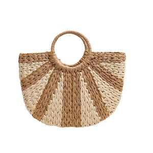 Handcrafted semicircular straw handbag with striped pattern and round woven handles