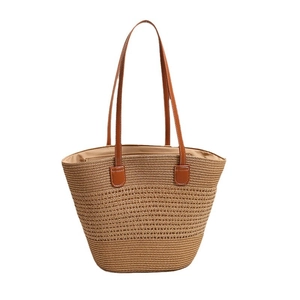 Handwoven straw tote bag with brown leather shoulder straps and large capacity