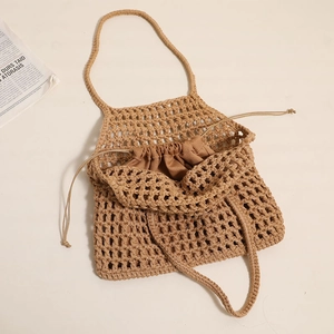 Sac à main en coton tissé ajouré avec doublure à cordon pour la plage et l'été
