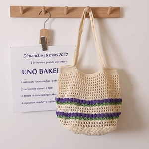Sac Fourre-Tout Au Crochet Pour Femmes Corde De Coton Tissé À La Main Mailles Évidées Fleur De Tulipe Sac À Bandoulière Plage