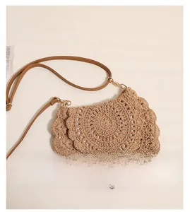 Detail showing hand-crocheted hollow pattern and scalloped edges of the woven bag