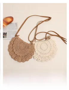 Detailed top view of beige and light brown hollow-out crochet woven shoulder bags
