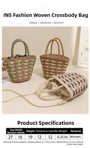 Detail showing the exact dimensions and weaving texture of the straw beach bag