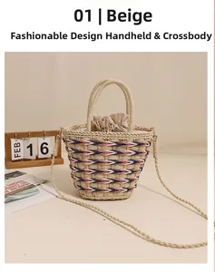 Detail of beige straw bag with colorful accents and secure drawstring closure