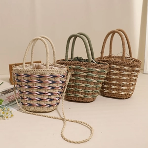 Handmade Straw Woven Bucket Bag For Women Handheld Crossbody Beach Vacation Mori Style With Drawstring Inner Liner