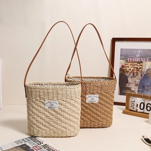 Woven Straw Bucket Shoulder Bag With Drawstring Lining PU Leather Strap Summer Beach Vacation Minimalist For Women
