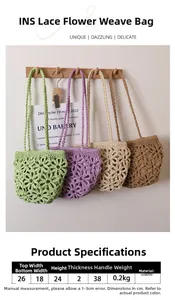 Detailed size specifications for hollow flower woven beach bag in four colors
