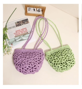 Detail of crochet floral bags in purple and green with refined hollow knit patterns