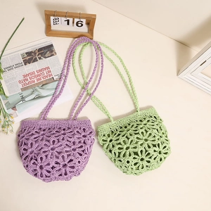 Hollow Floral Crochet Straw Shoulder Bag Handmade Bohemian Woven Summer Beach Vacation Tote For Women