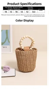 Detail view of straw bucket bag with wood bead handle and dimensions listed on image