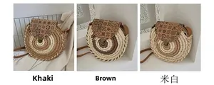Detailed close-up showing woven spiral textures and vintage prints of straw crossbody bags