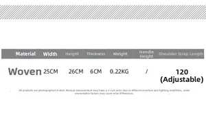 Detailed size guide for round woven straw bag showing dimensions 25x26x6cm and strap info
