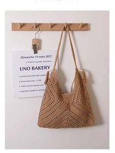 Detail of hand-woven crochet shoulder bag with hollow pattern and tassel accents