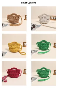 Detailed close-up showing six vibrant colors of handmade crochet mini woven crossbody bags