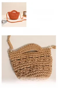 Detailed wave pattern crochet weave on orange and khaki beach bags with metal hooks