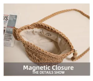 Detail view of woven shoulder bag featuring a secure magnetic closure and soft inner lining