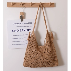 Handmade Crochet Cotton Shoulder Bag Hollow Out Tassel Bohemian Beach Holiday Geometric Handbag