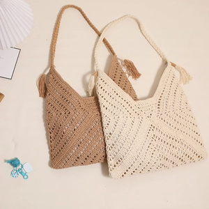 Bohemian hollow cotton woven shoulder bags in khaki and beige with fringe tassels