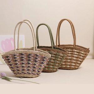 Woven Straw Tote Bag Paper Handmade Spacious Beach Vacation Contrast Color Handbag For Women