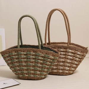Large capacity woven straw shoulder bags in olive green and beige for summer beach
