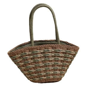 Handmade large capacity straw shoulder bag with green stripes and handles on white background
